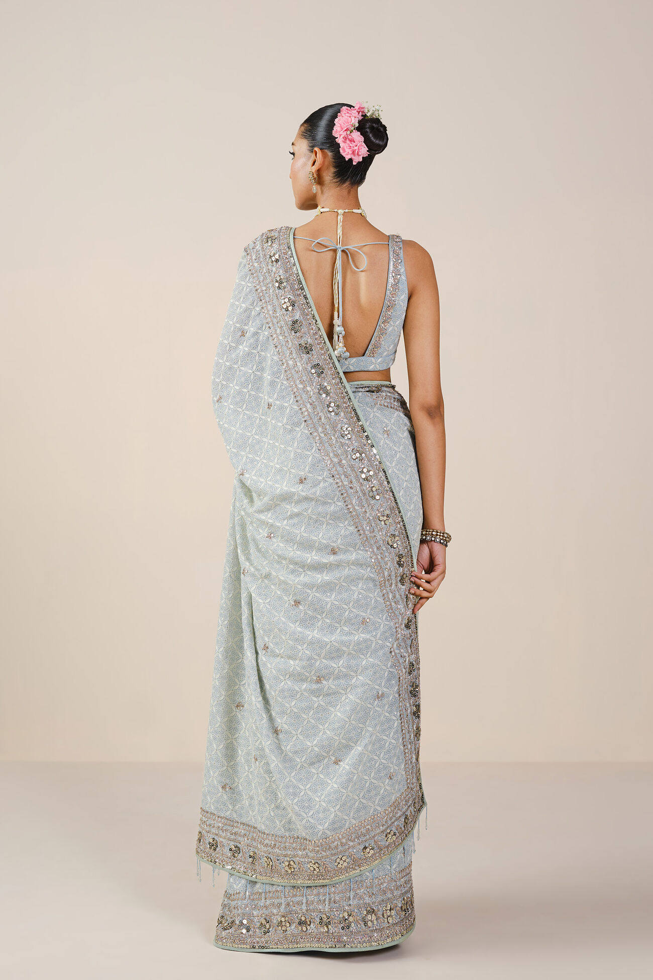 Aaloka Embroidered Georgette Saree - Blush, Powder Blue, image 3